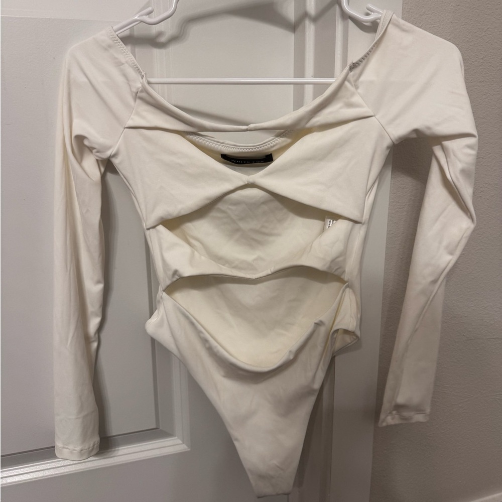 White Fox Boutique Cream Cutout Long Sleeve Bodysuit